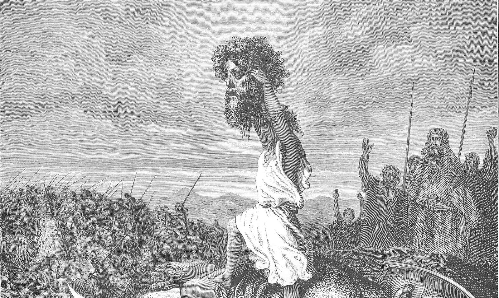 Davi, de pé sobre o corpo de Golias, ergue a cabeça do gigante diante do exército; gravura de Gustave Doré