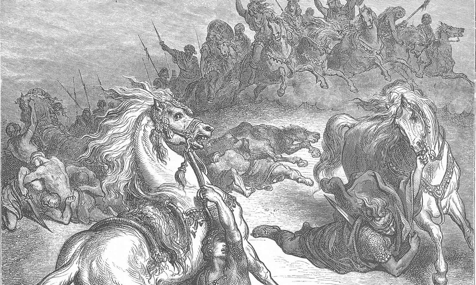 A morte de Saul na batalha de Gilboa, entre cavalos e soldados caídos; gravura de Gustave Doré