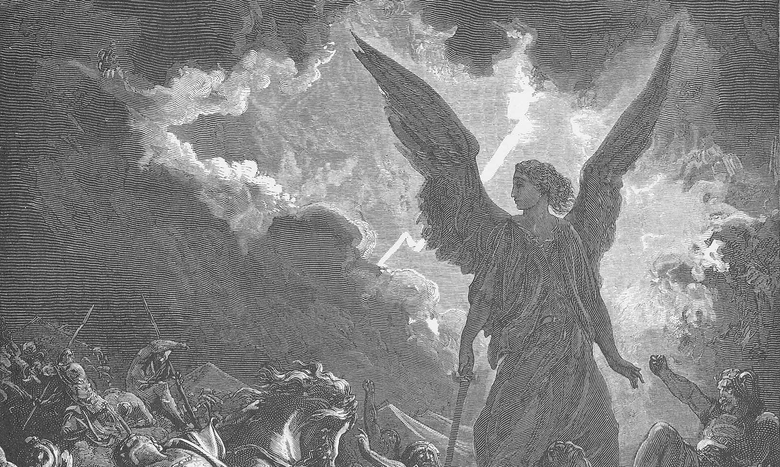 O anjo do Senhor sobre o acampamento do exército assírio, com soldados e cavalos caídos; gravura de Gustave Doré