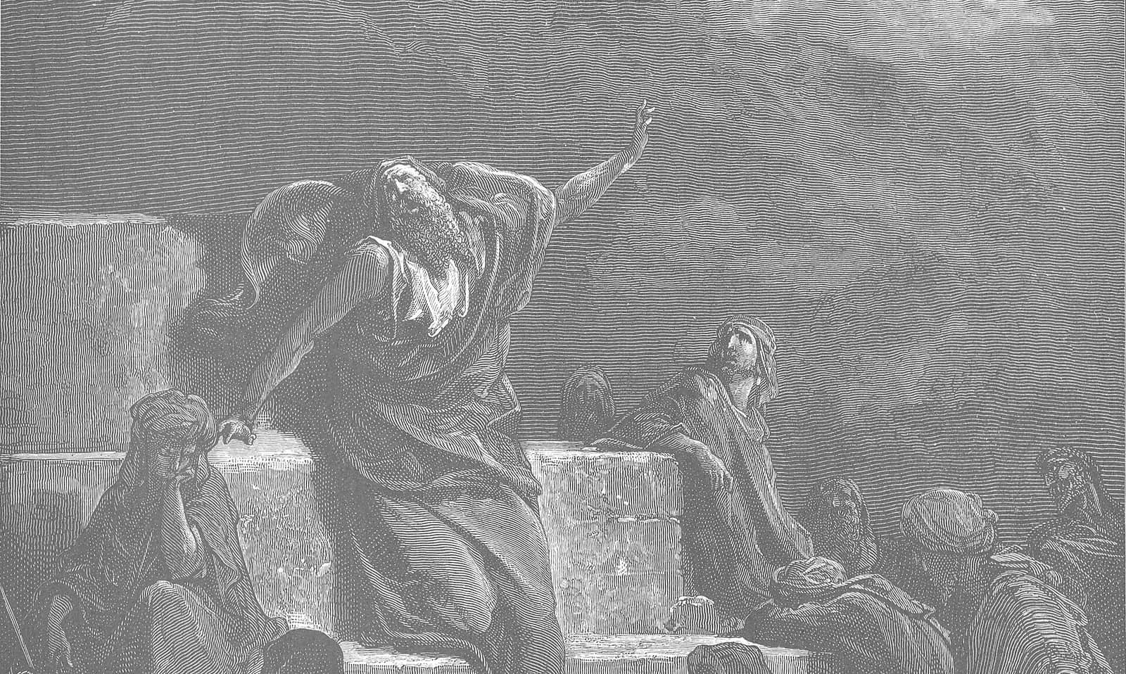 O profeta Jeremias de pé sobre degraus de pedra, de braço erguido, cercado por homens abatidos; gravura de Gustave Doré