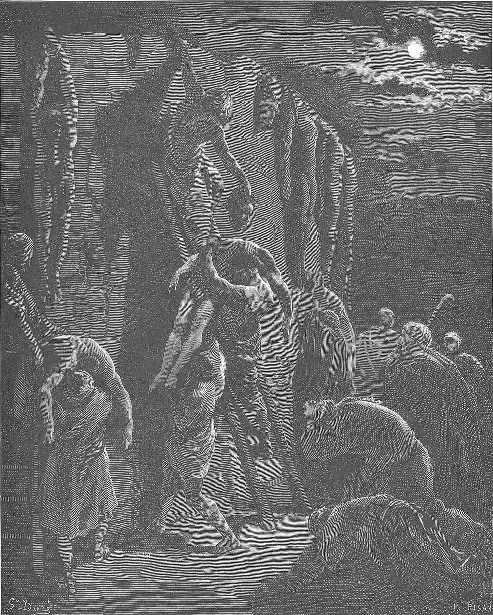 Homens de Jabes-Gileade recolhem durante a noite os corpos de Saul e de seus filhos; gravura de Gustave Doré