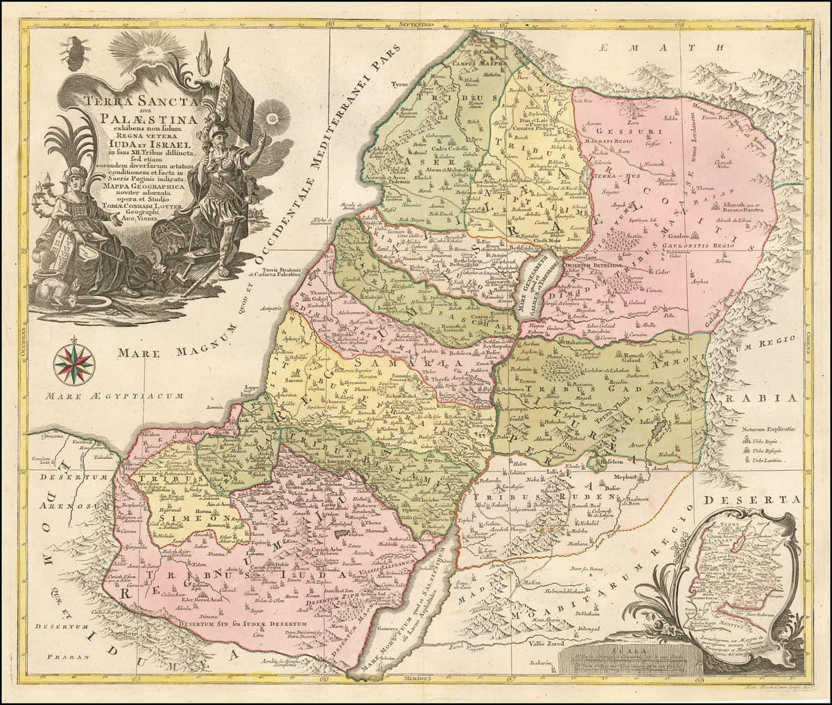 Mapa antigo colorido da Terra Santa dividida em doze tribos, com o título Terra Sancta sive Palaestina