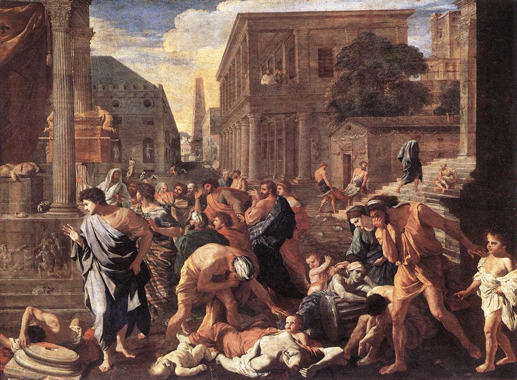 Pintura de Poussin: moradores de uma cidade de colunas e escadarias cercam cadáveres, alguns cobrindo o rosto; um rato aparece no chão, à esquerda