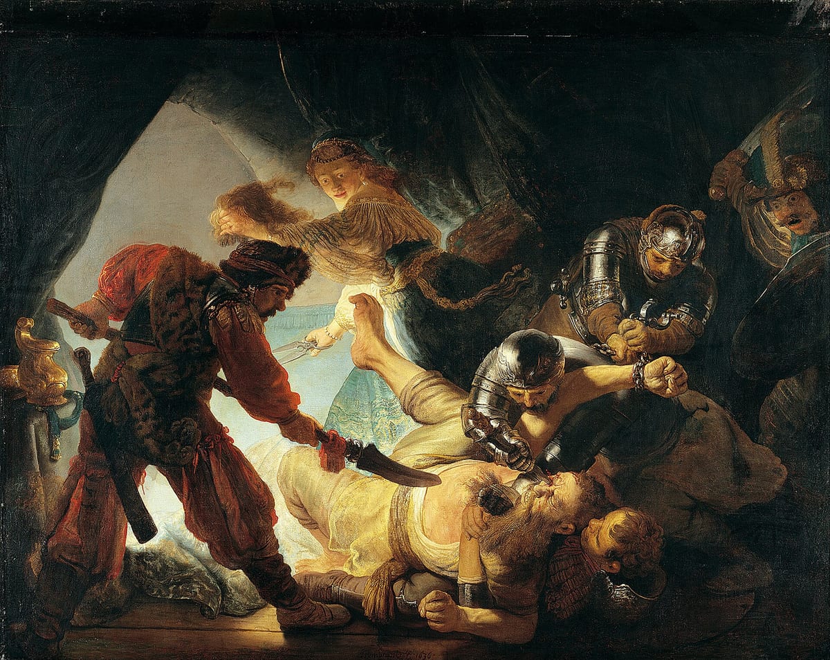 Pintura de Rembrandt: Sansão é imobilizado no chão enquanto um soldado enfia um punhal em seu olho e Dalila foge com a tesoura