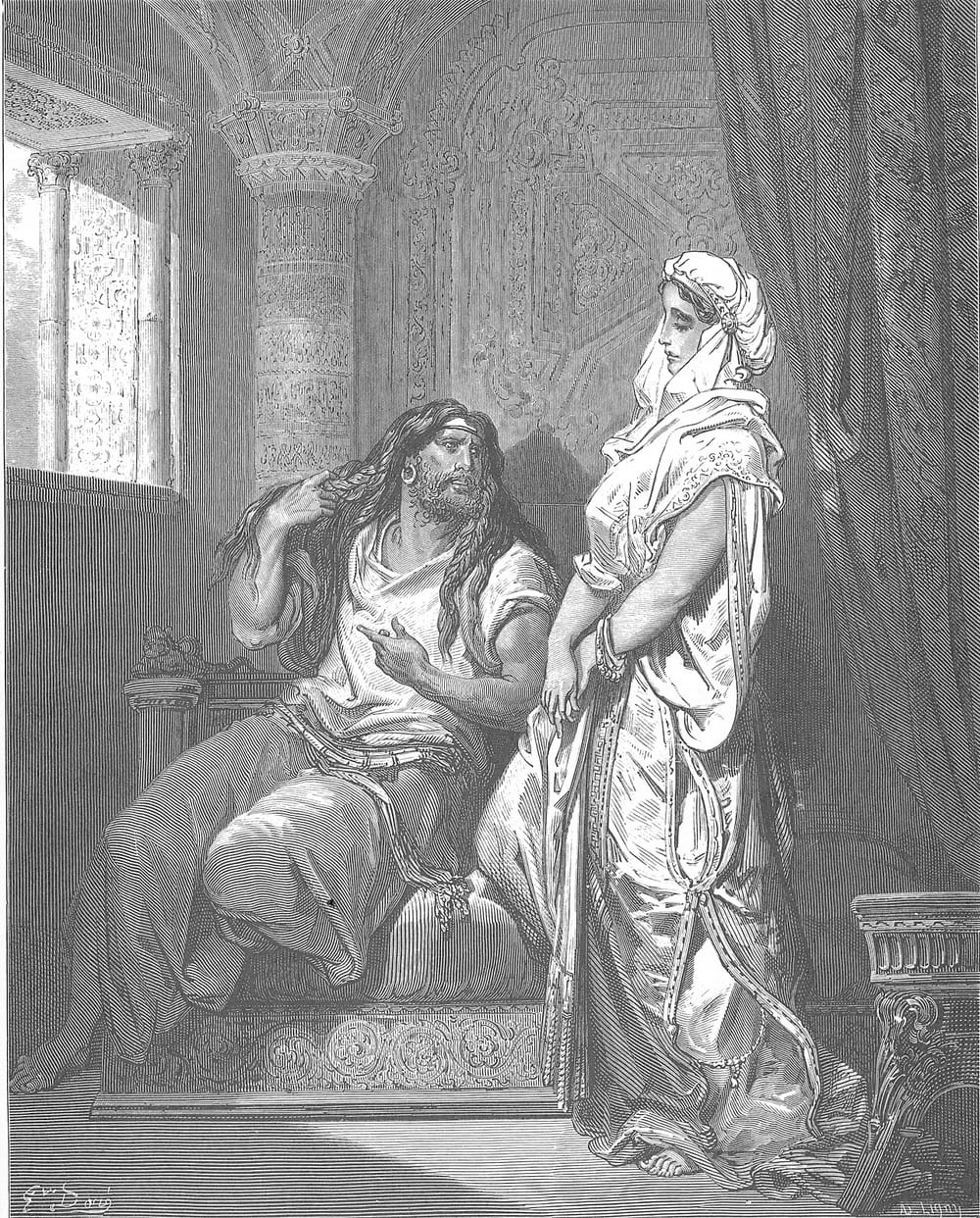 Sansão adormecido nos joelhos de Dalila enquanto o cabelo é cortado; gravura de Gustave Doré