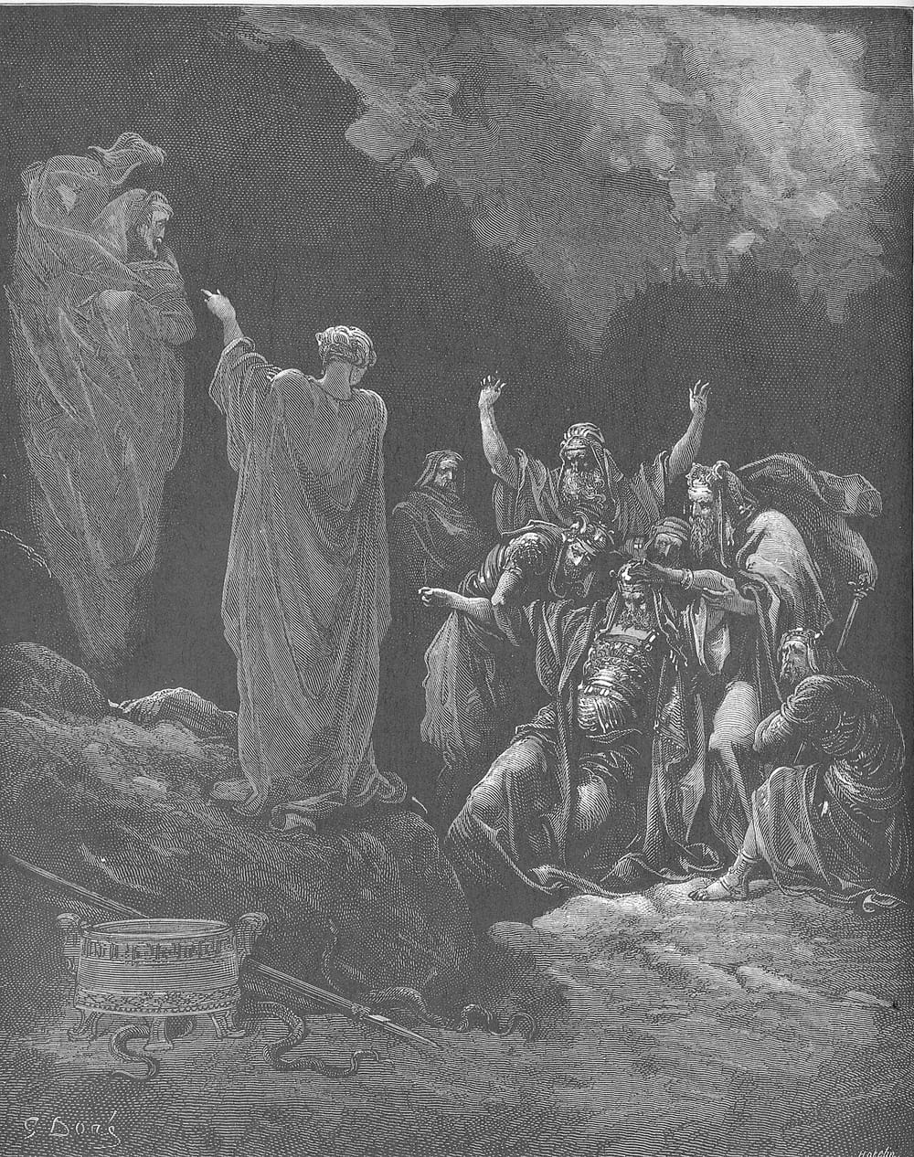 Saul, caído, diante da mulher de Endor e da figura de Samuel que se ergue do chão; gravura de Gustave Doré