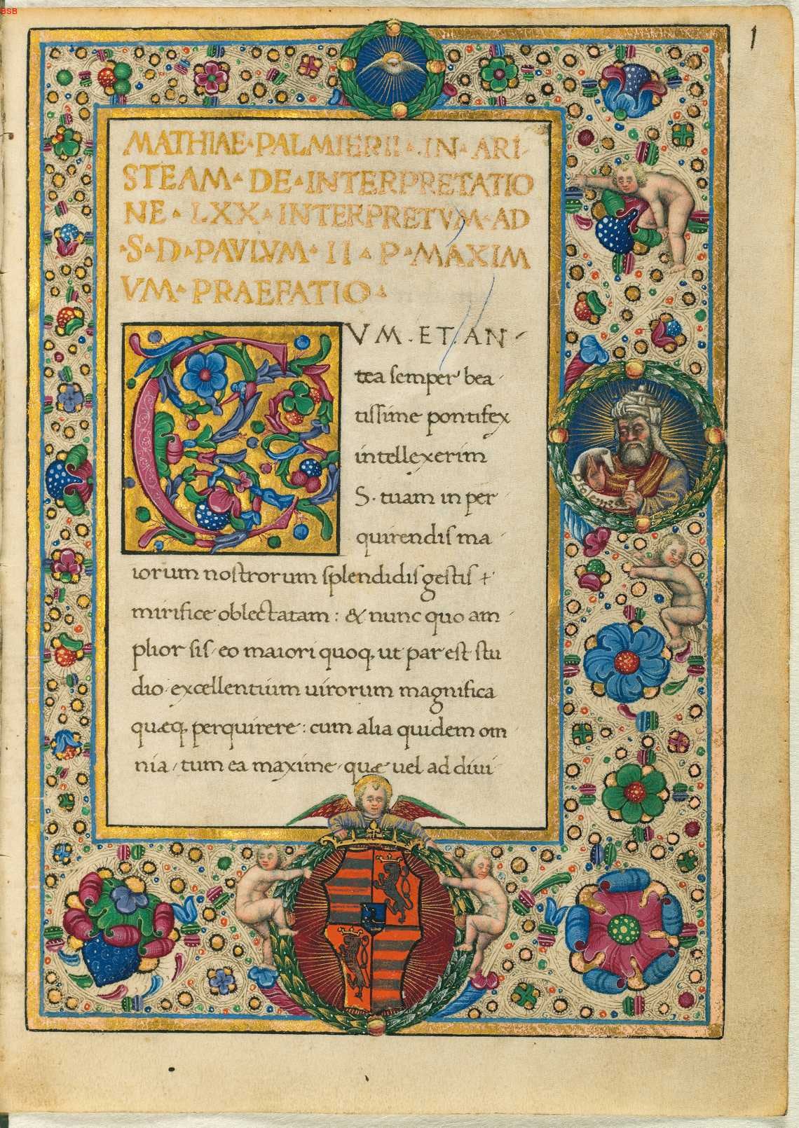 Página de manuscrito iluminado do século XV: título em letras douradas, inicial decorada em azul, rosa e dourado, medalhão com um rei, anjos e um brasão na parte de baixo