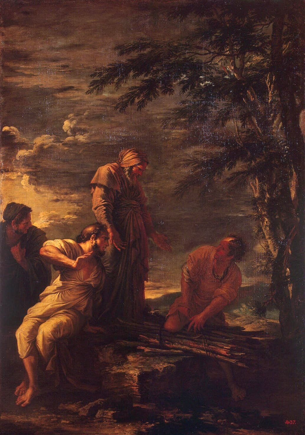 Pintura barroca escura: um velho de manto e turbante, em pé, olha para um homem ajoelhado que amarra um feixe de gravetos; à esquerda, outros homens observam; ao fundo, árvores e céu de tempestade