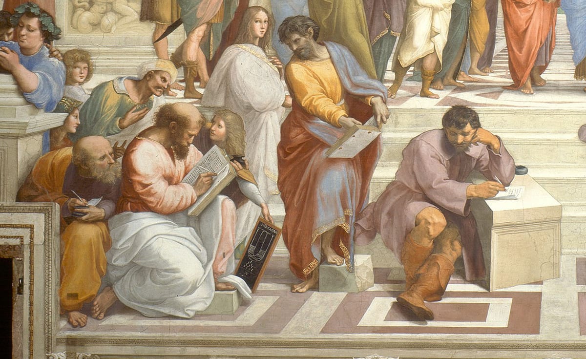 Detalhe do afresco A Escola de Atenas: um filósofo de manto rosa e branco escreve num livro grande, ao lado de uma lousa com proporções musicais; à direita, um homem sentado apoia a cabeça na mão e escreve sobre um bloco de mármore