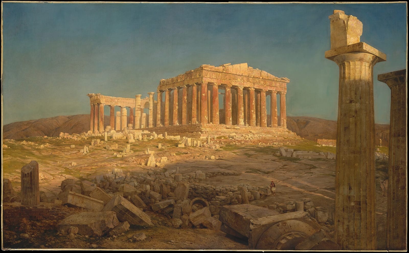 Pintura a óleo do Partenon em ruínas, ao pôr do sol, com colunas dóricas em primeiro plano e blocos de mármore caídos