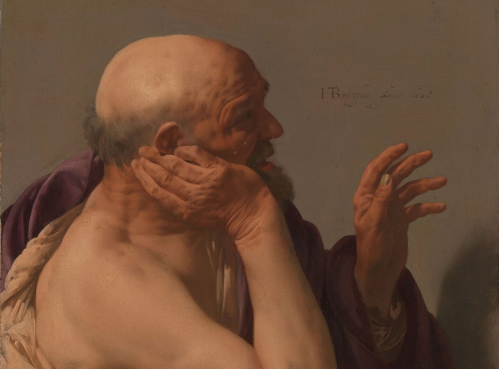 Pintura a óleo de um homem calvo e de barba, de perfil, com a cabeça apoiada na mão e o cotovelo sobre um globo terrestre; a outra mão está aberta e levantada