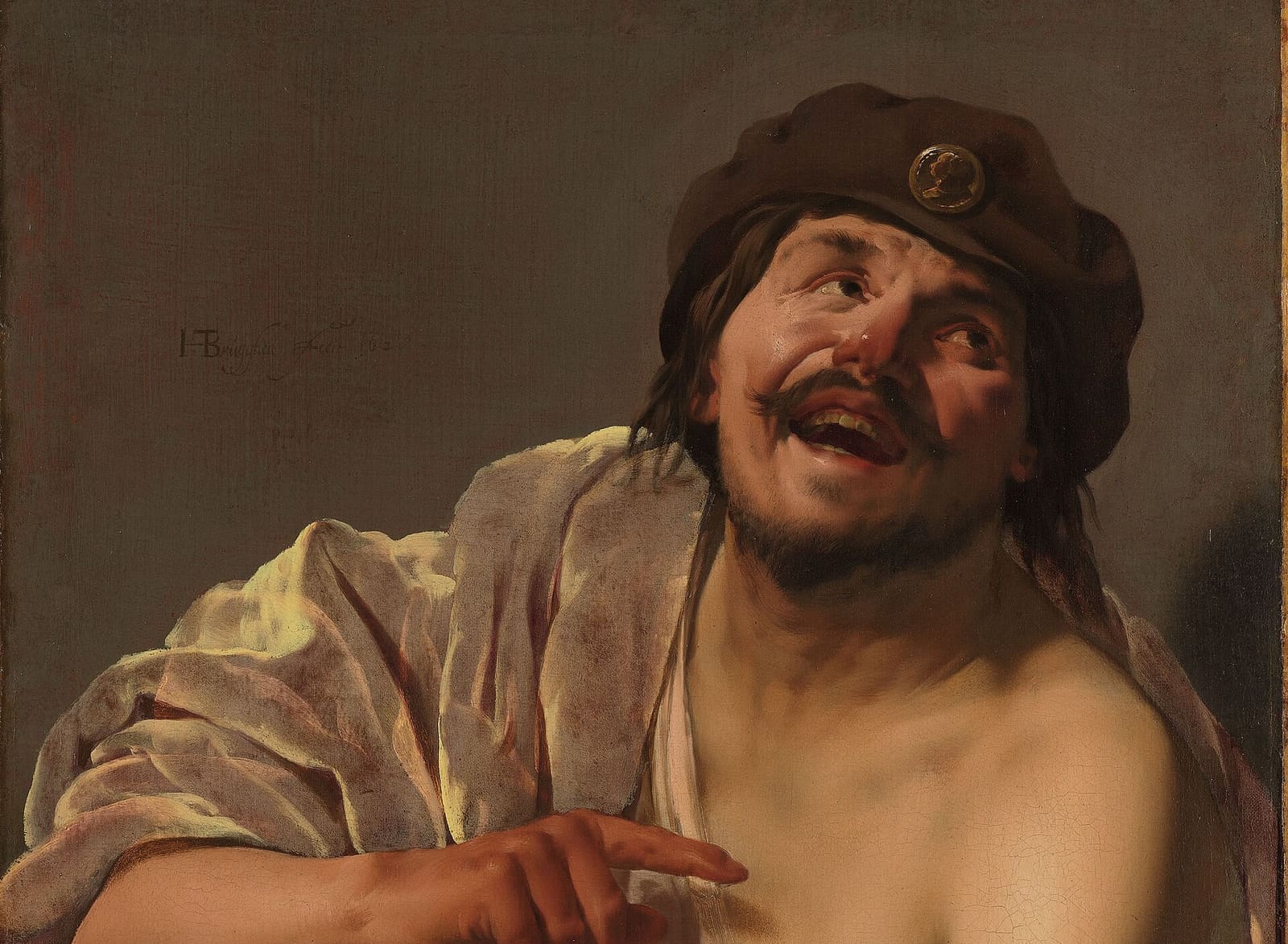Pintura a óleo de um homem de barrete escuro, rindo, com o dedo apontado e o braço apoiado em um globo celeste