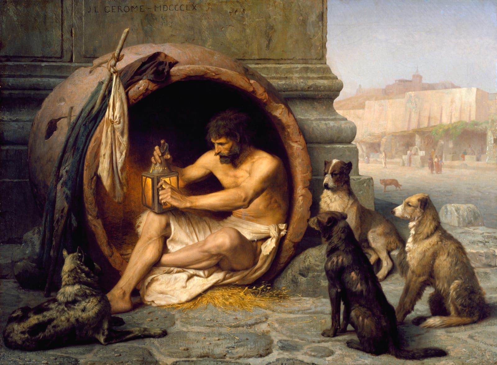 Pintura a óleo: Diógenes, sentado dentro de um grande jarro de barro, segura uma lanterna acesa; ao redor, cães; ao fundo, uma praça e prédios ao sol