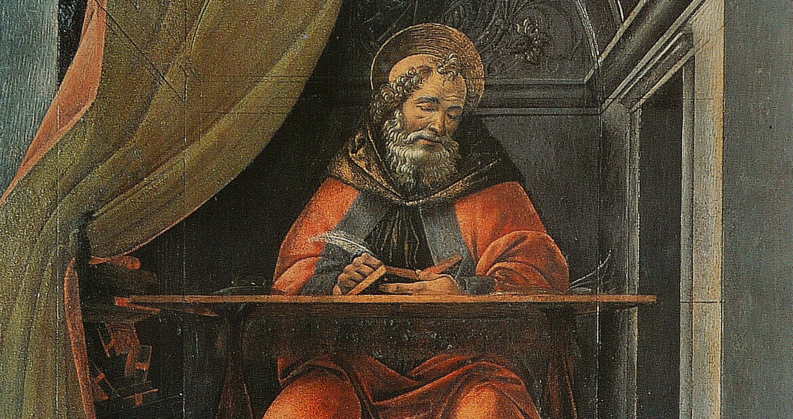 Pintura de um homem idoso de barba branca, com auréola e manto vermelho, sentado a uma mesa de madeira, escrevendo com uma pena, ao lado de uma cortina verde