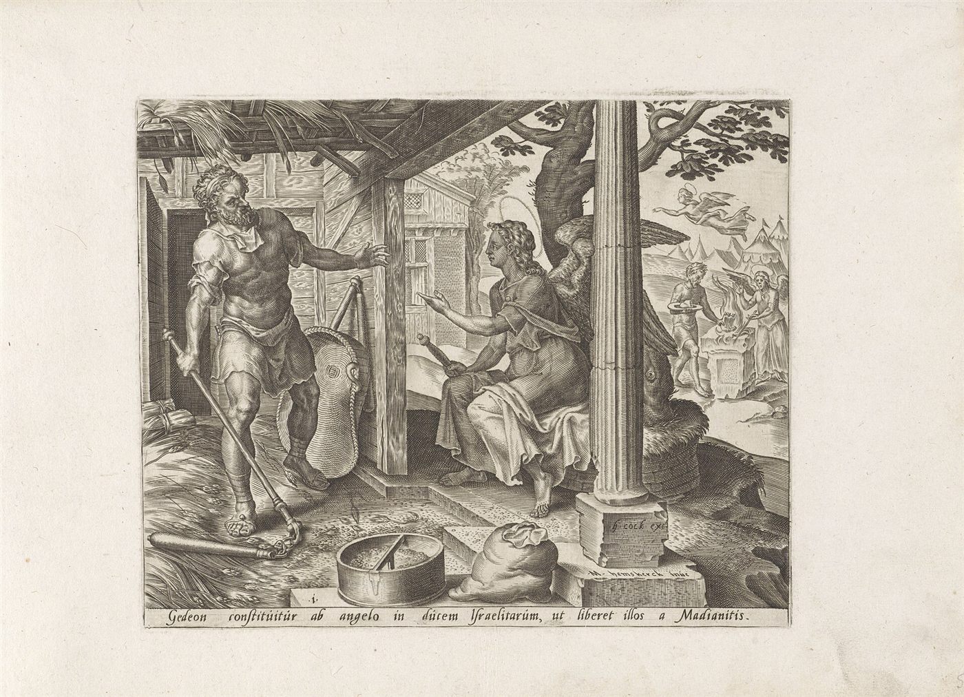 O anjo aparece a Gideão, gravura de Maerten van Heemskerck (1561)