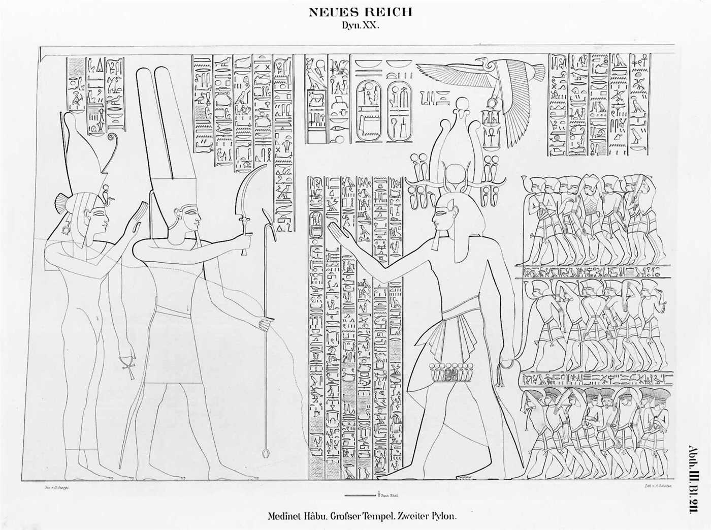 Relevo de Medinet Habu com Ramsés III e prisioneiros dos povos do mar, desenho de Lepsius