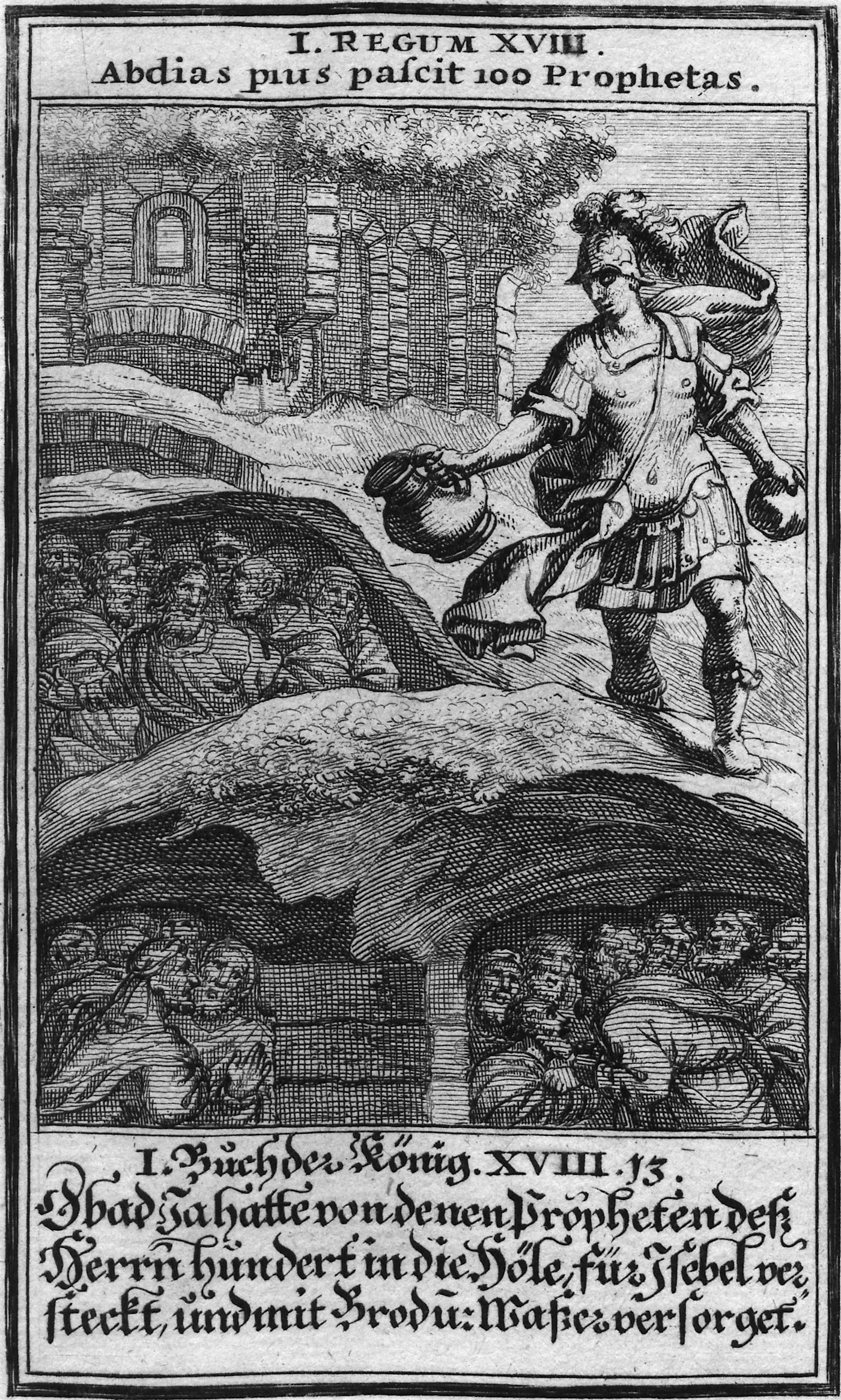 Obadias esconde os profetas, xilogravura de Christoph Weigel