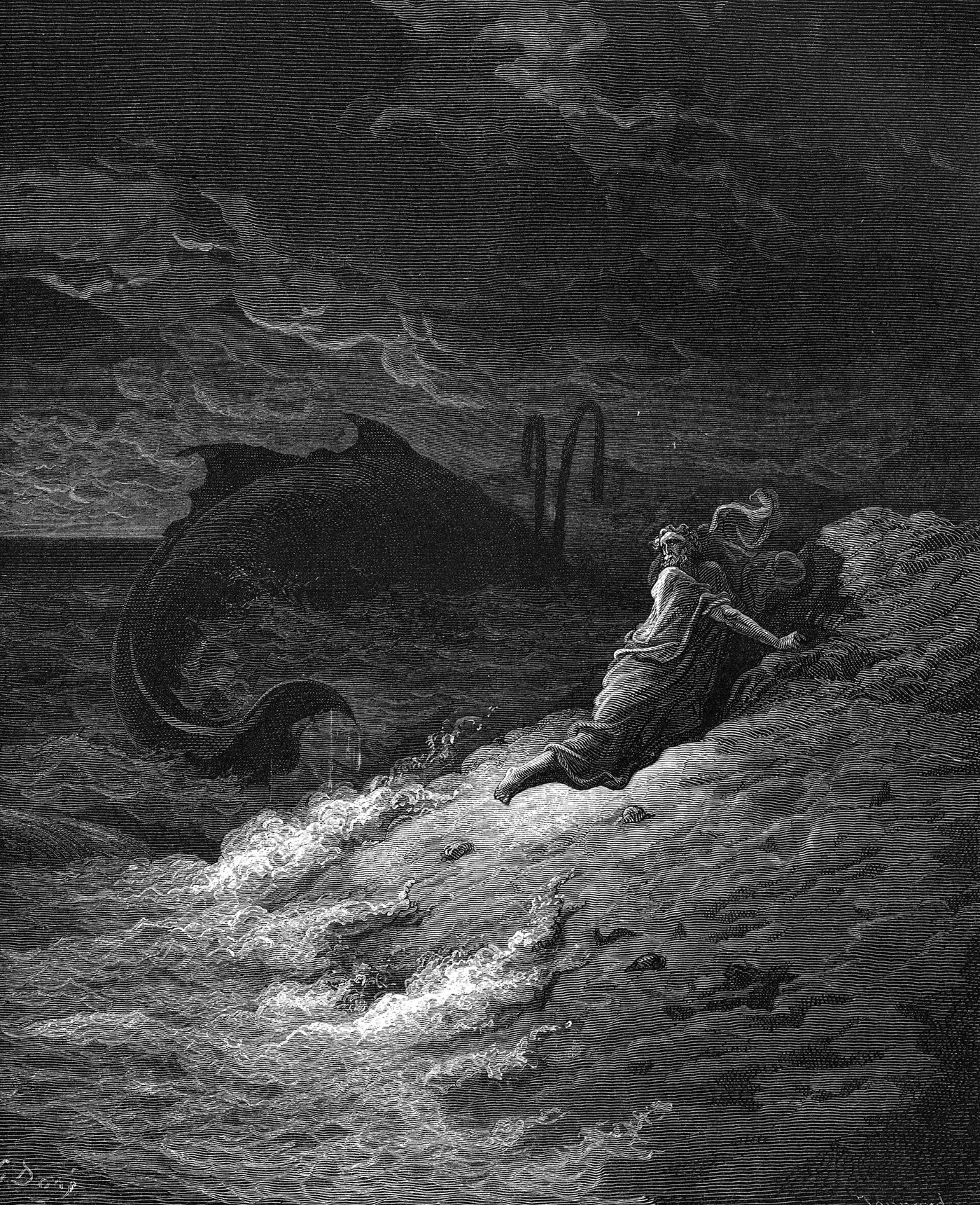 Jonas lançado do grande peixe, gravura de Gustave Doré