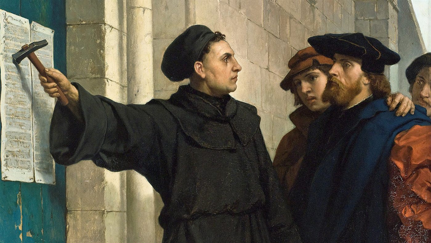 Lutero afixa as 95 Teses na porta da Igreja do Castelo de Wittenberg, pintura de Ferdinand Pauwels