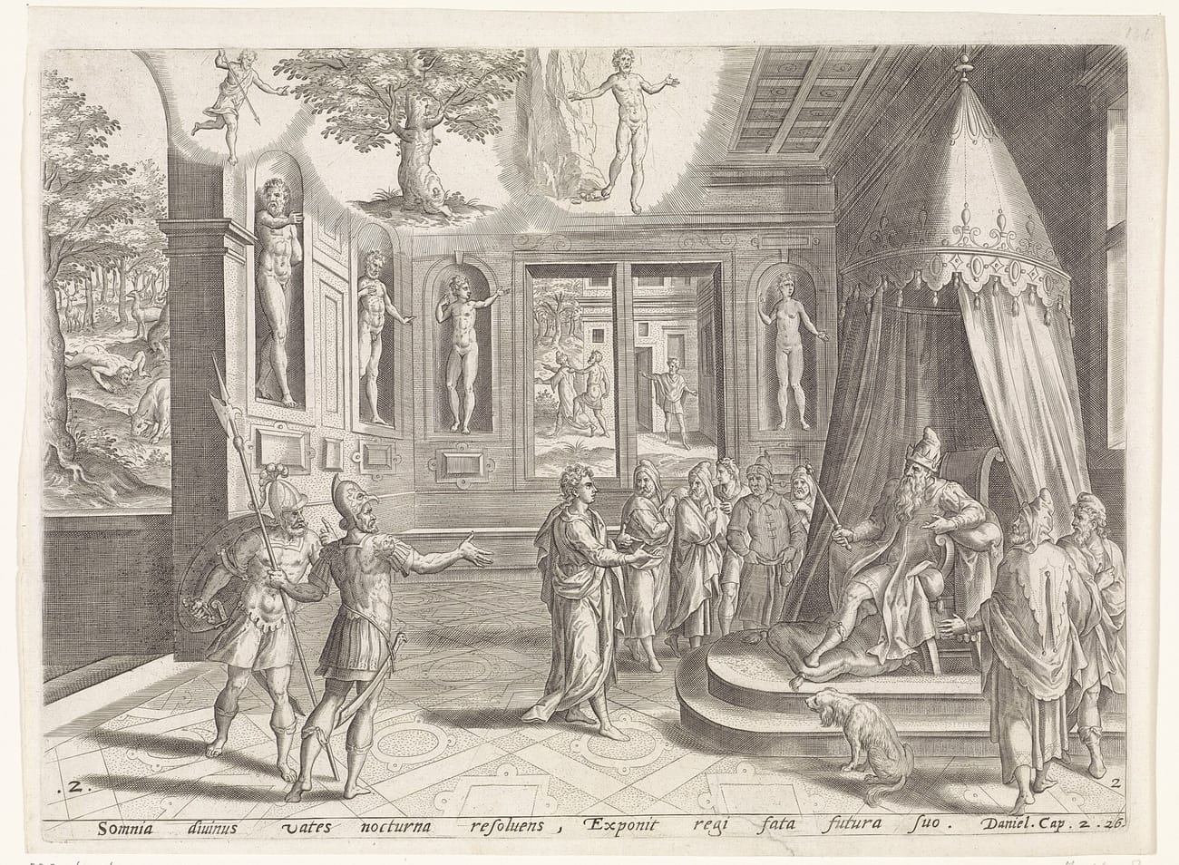 Gravura de Daniel diante do rei sentado sob um dossel, com figuras nuas em nichos nas paredes e, no alto, a estátua do sonho