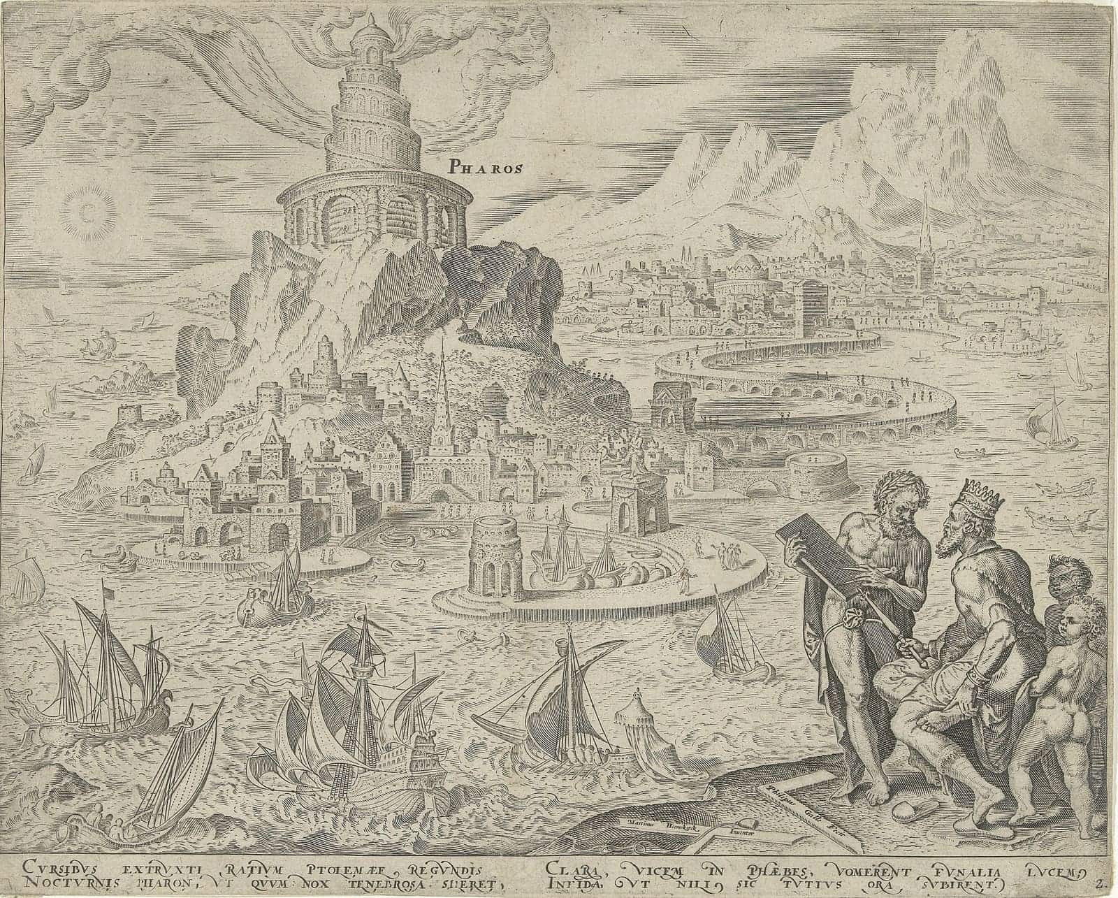 O Farol de Alexandria, gravura de Philips Galle a partir de Maarten van Heemskerck