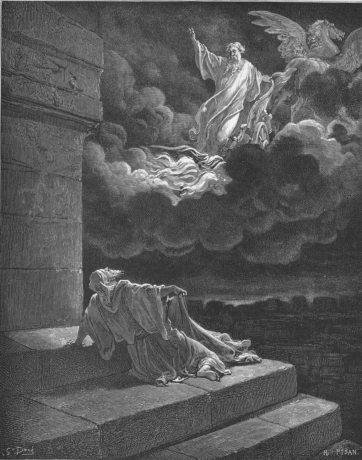 Elias arrebatado ao céu num carro de fogo, gravura de Gustave Doré
