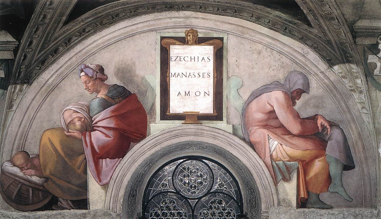Luneta de Michelangelo com Ezequias, Manassés e Amom, na Capela Sistina