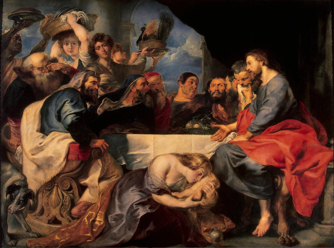 A unção dos pés de Jesus por uma mulher, durante um banquete, por Peter Paul Rubens