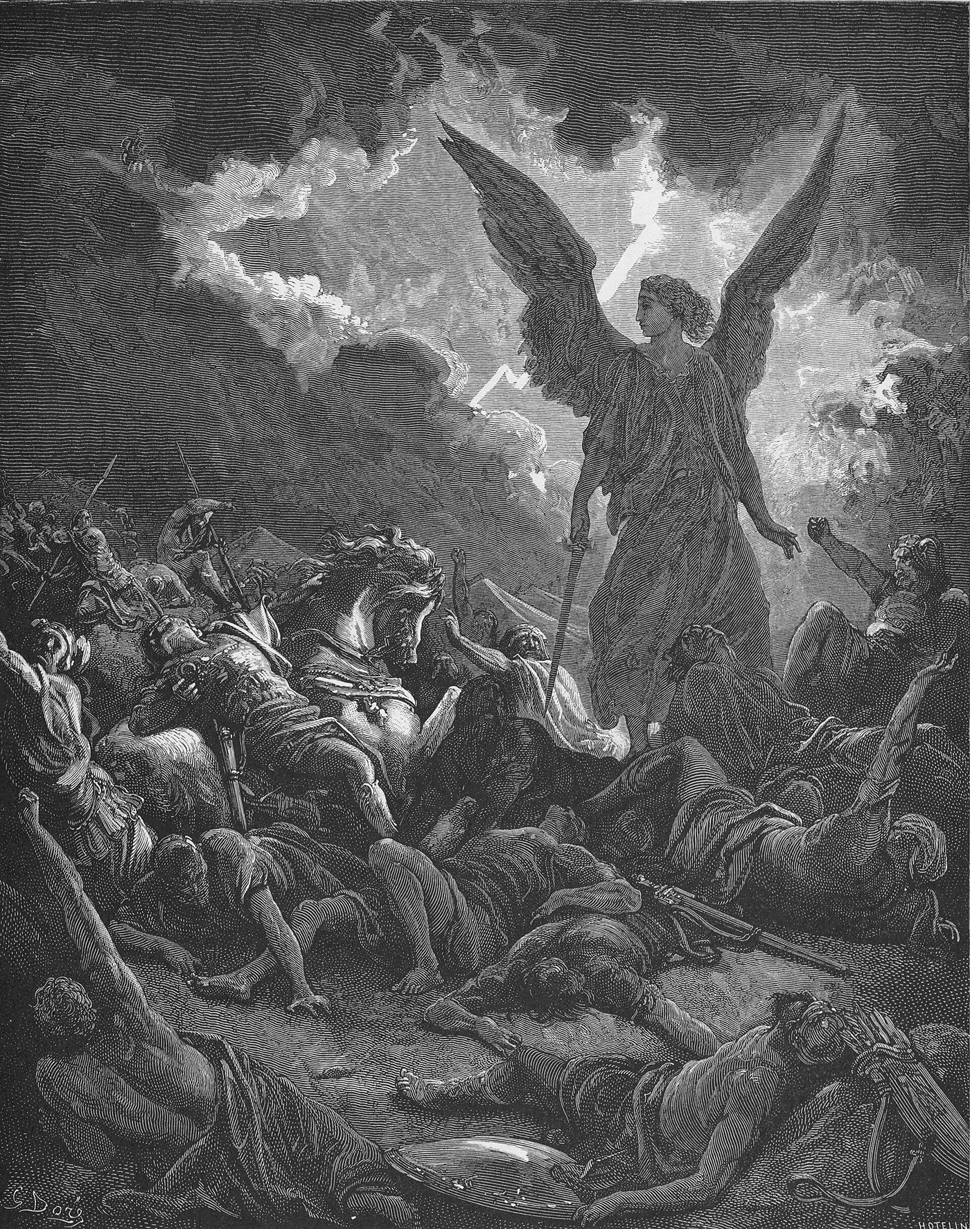 O anjo do Senhor destrói o exército assírio de Senaqueribe, gravura de Gustave Doré