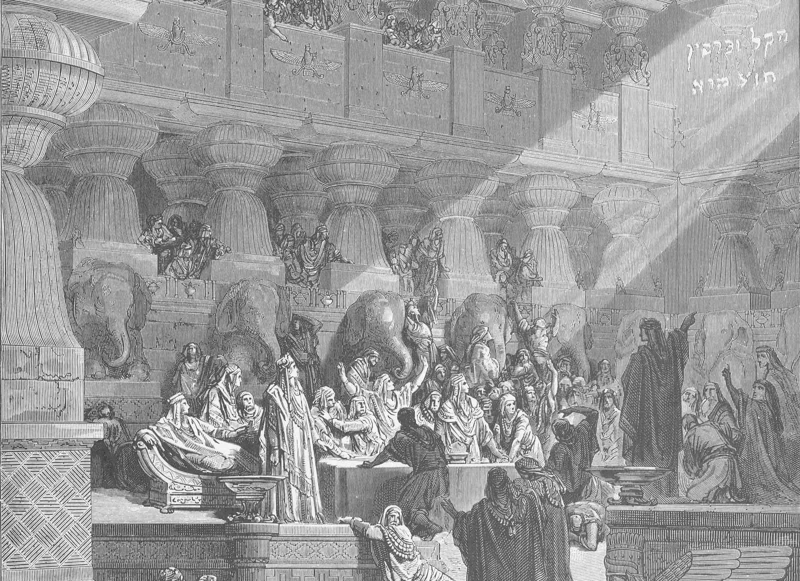 Daniel interpreta a escrita na parede no salão do banquete de Belsazar; gravura de Gustave Doré