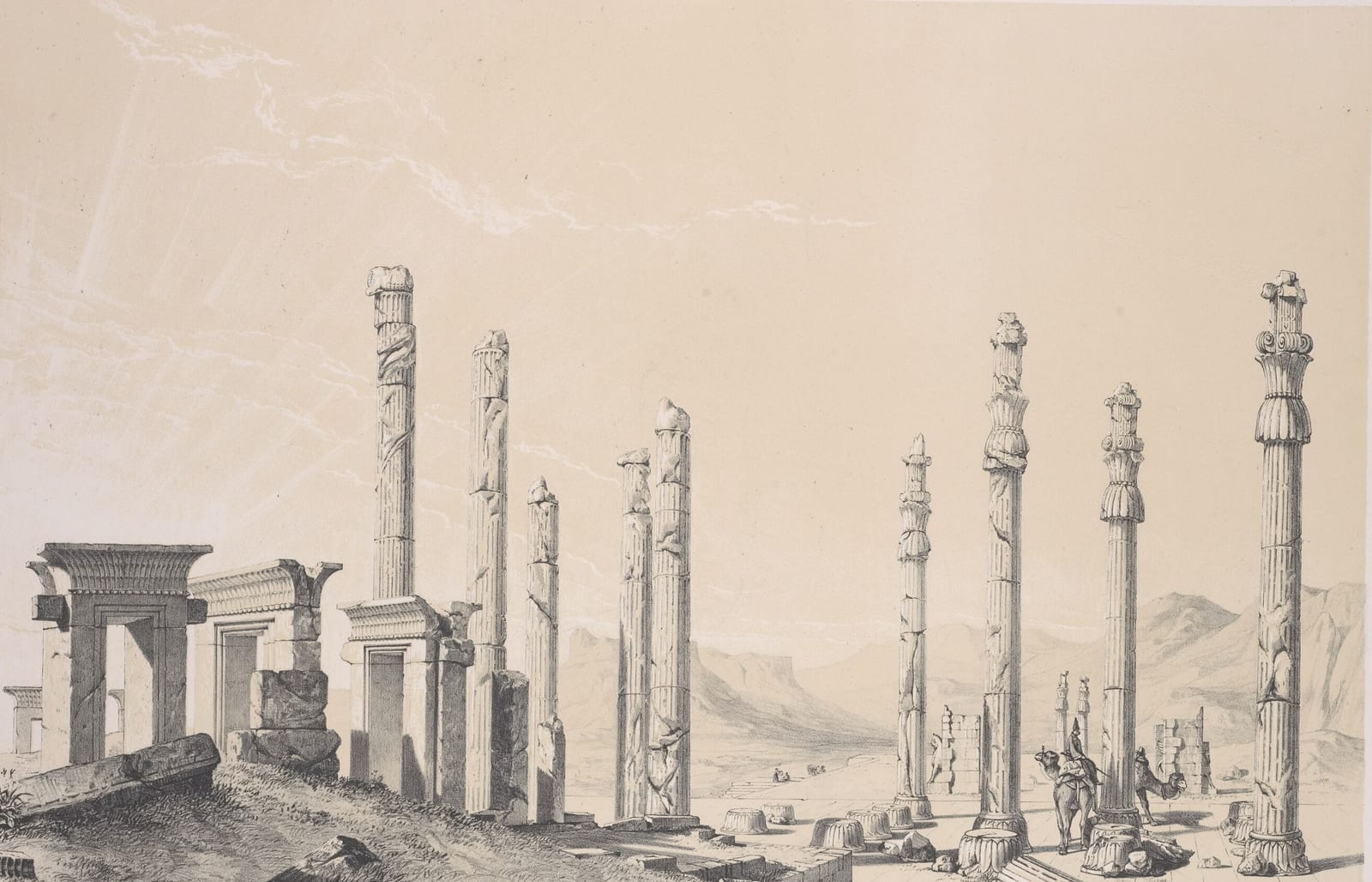 Colunas e portais das ruínas de Persépolis; litografia colorida de Eugène Flandin