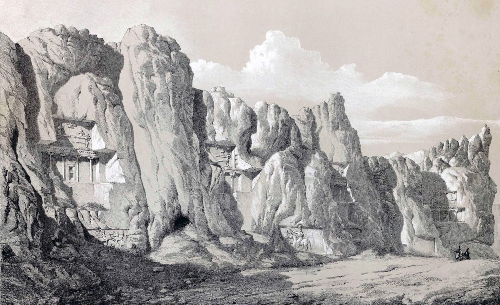 As tumbas reais cavadas na rocha em Naqsh-e Rustam; litografia de Eugène Flandin