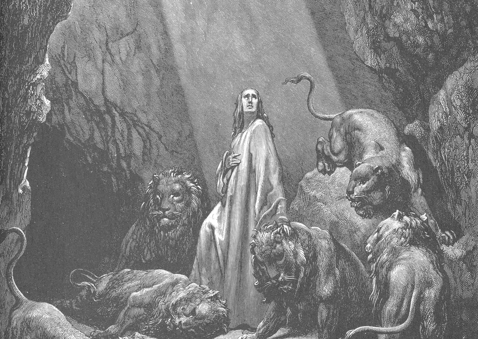 Daniel na cova dos leões, sob um feixe de luz; gravura de Gustave Doré