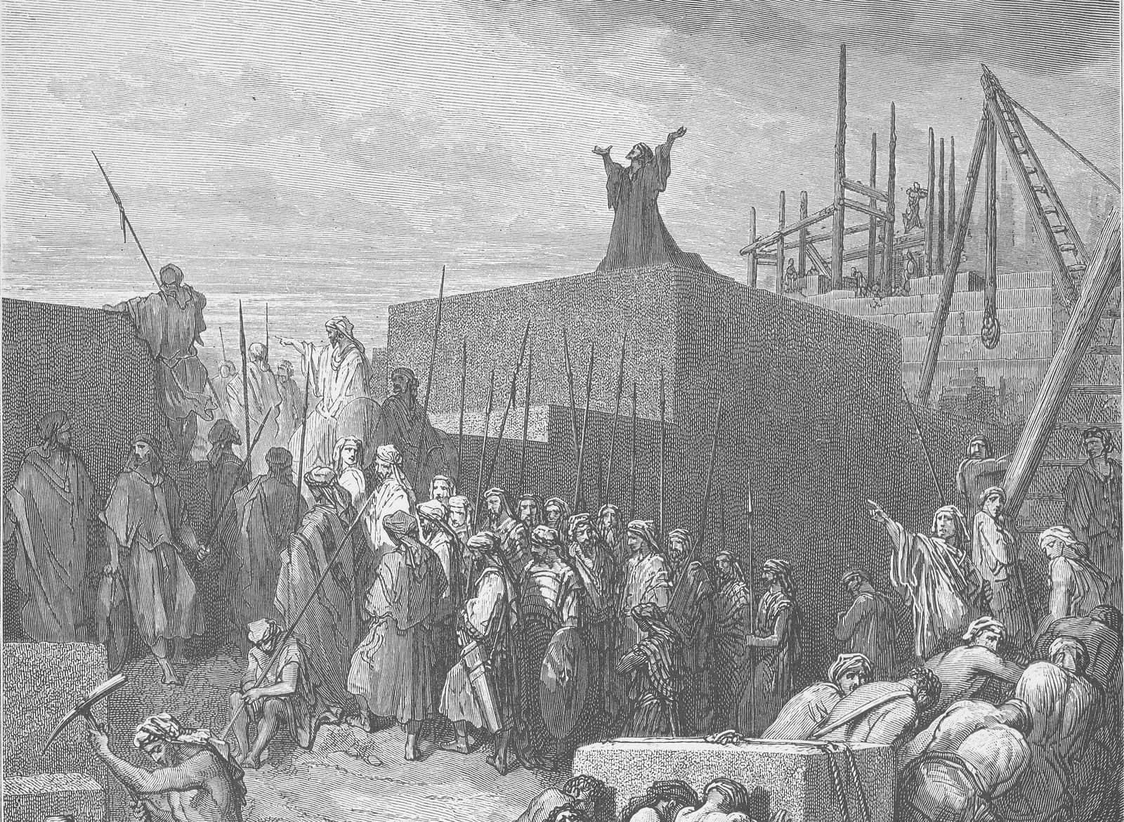 A reconstrução do templo de Jerusalém, com operários e um sacerdote orando sobre uma pedra; gravura de Gustave Doré