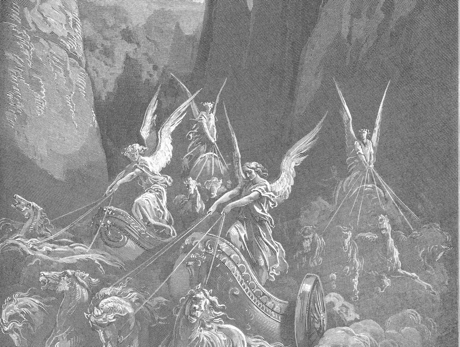 Quatro carros com anjos alados saem de um desfiladeiro, visão de Zacarias; gravura de Gustave Doré
