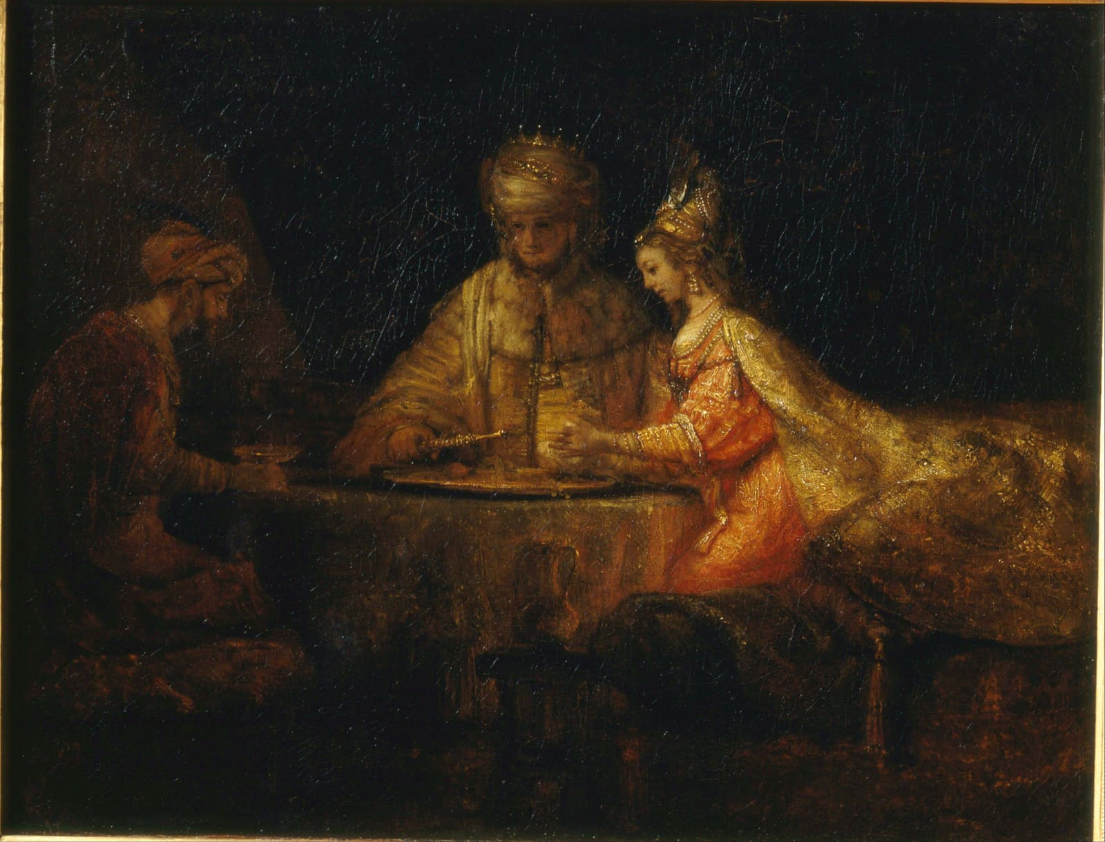Assuero, Hamã e Ester à mesa do banquete; pintura de Rembrandt