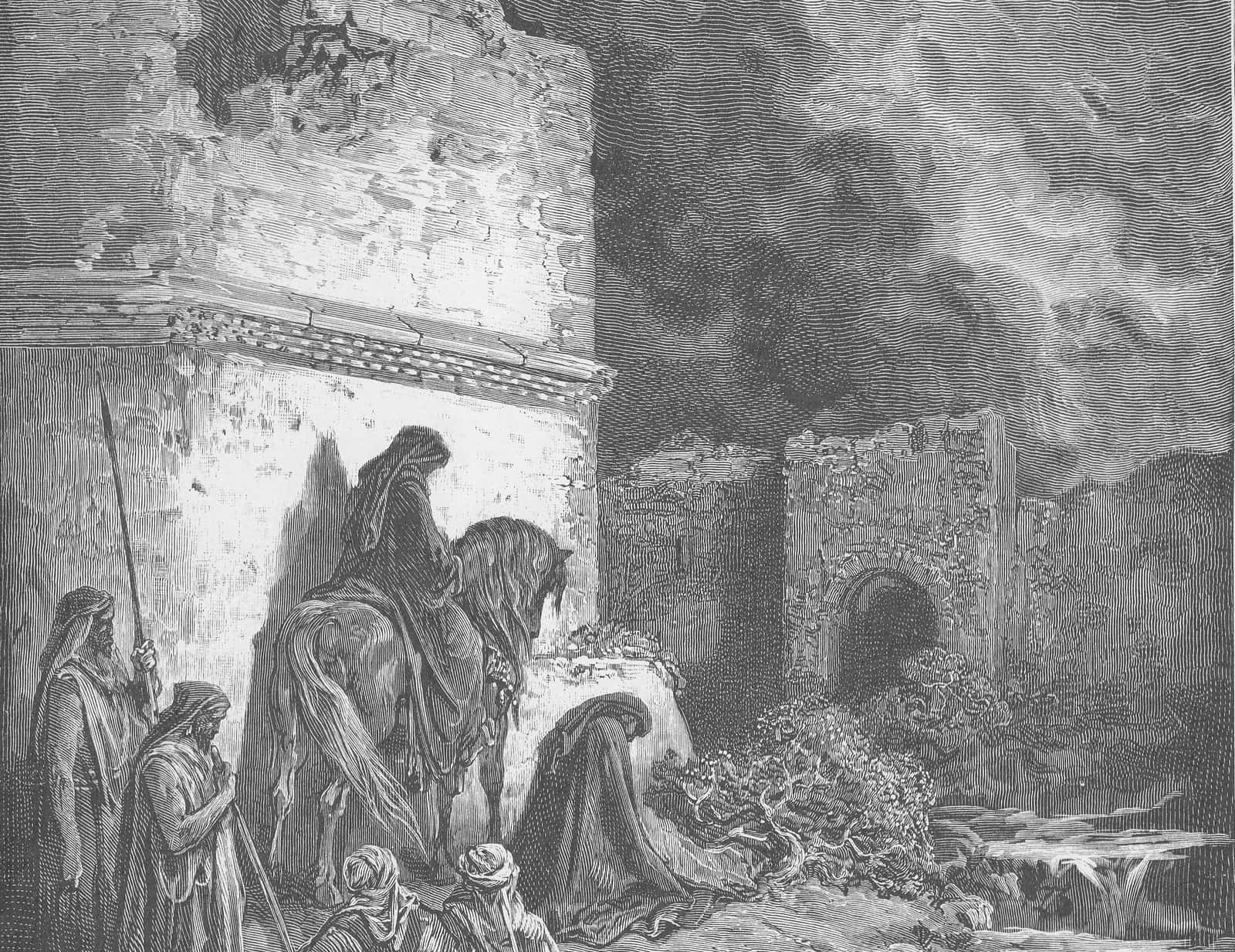 Neemias a cavalo, de noite, inspeciona as ruínas dos muros de Jerusalém; gravura de Gustave Doré