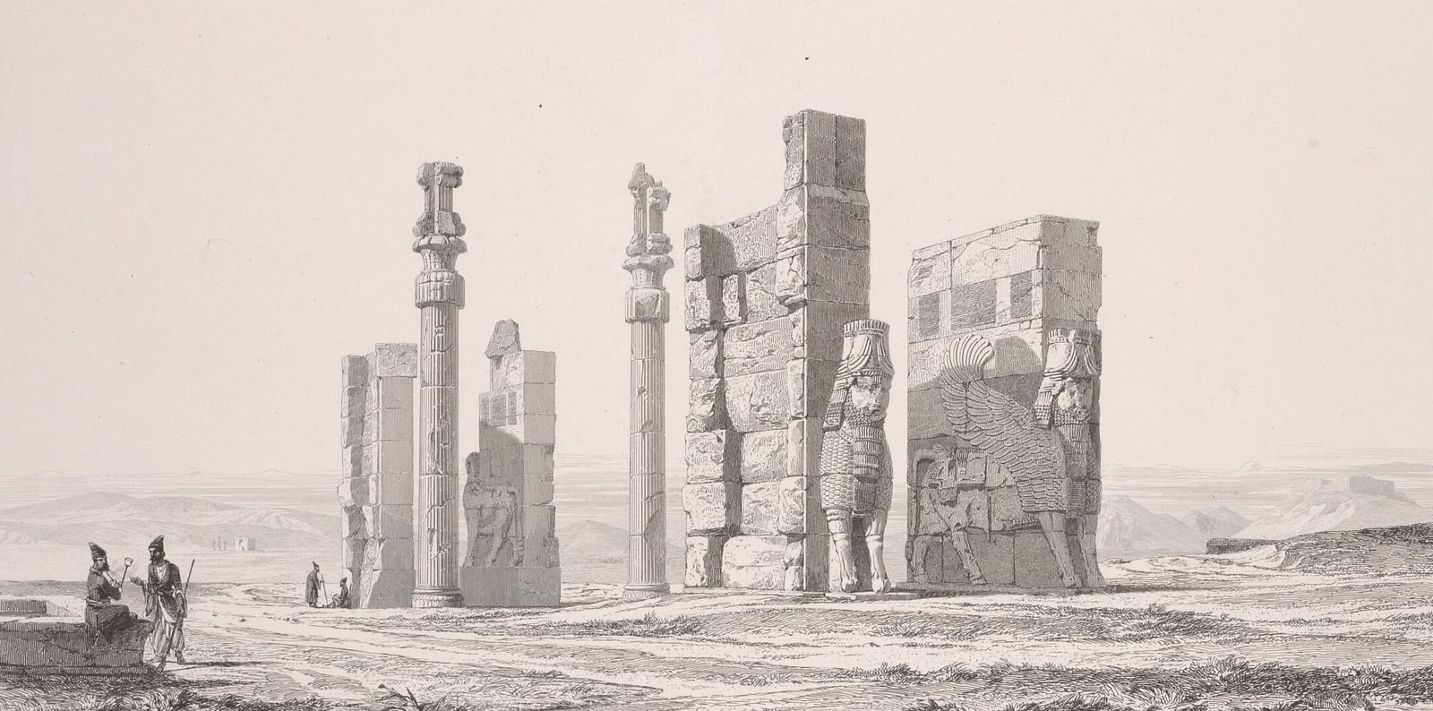 Ruínas do portal de Persépolis, com colunas e touros alados; litografia de Eugène Flandin