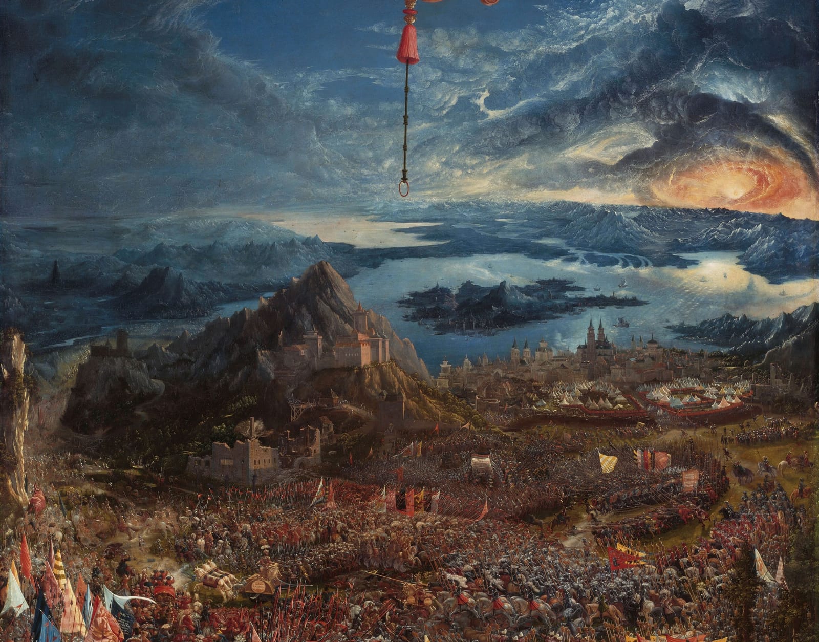 A batalha de Alexandre em Issos, pintura de Albrecht Altdorfer, com exércitos em massa sob um céu dramático