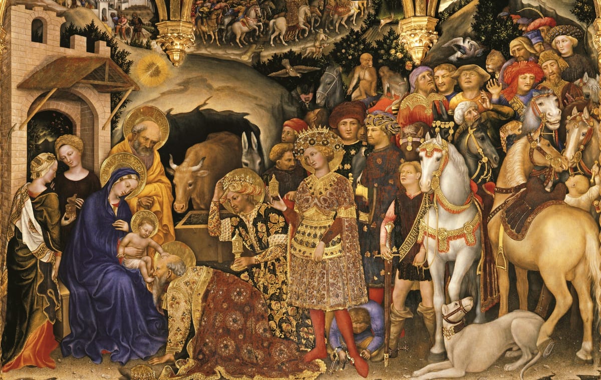 Adoração dos Magos, pintura de Gentile da Fabriano, com o cortejo dos magos diante da Virgem e do menino