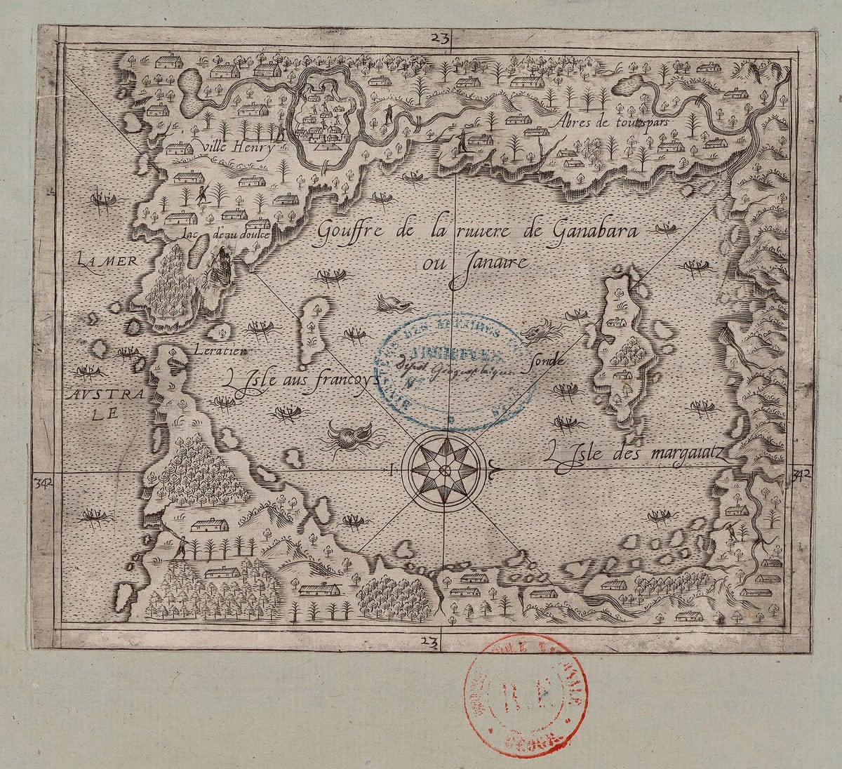 Mapa gravado da baía de Guanabara visto de cima, com a ilha dos franceses no centro, rosa dos ventos, barcos pequenos e casas ao redor