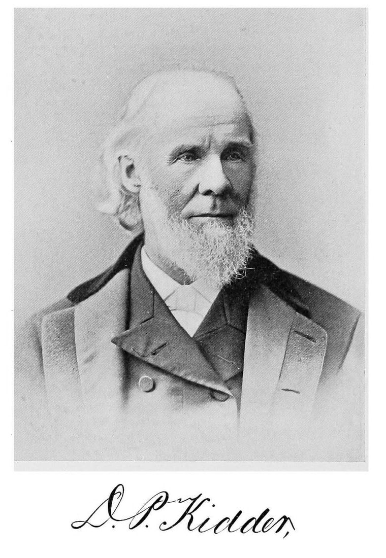 Retrato fotográfico em preto e branco de um homem idoso de cabelos e barba brancos, de paletó e gravata, olhando para a esquerda; abaixo, a assinatura D. P. Kidder