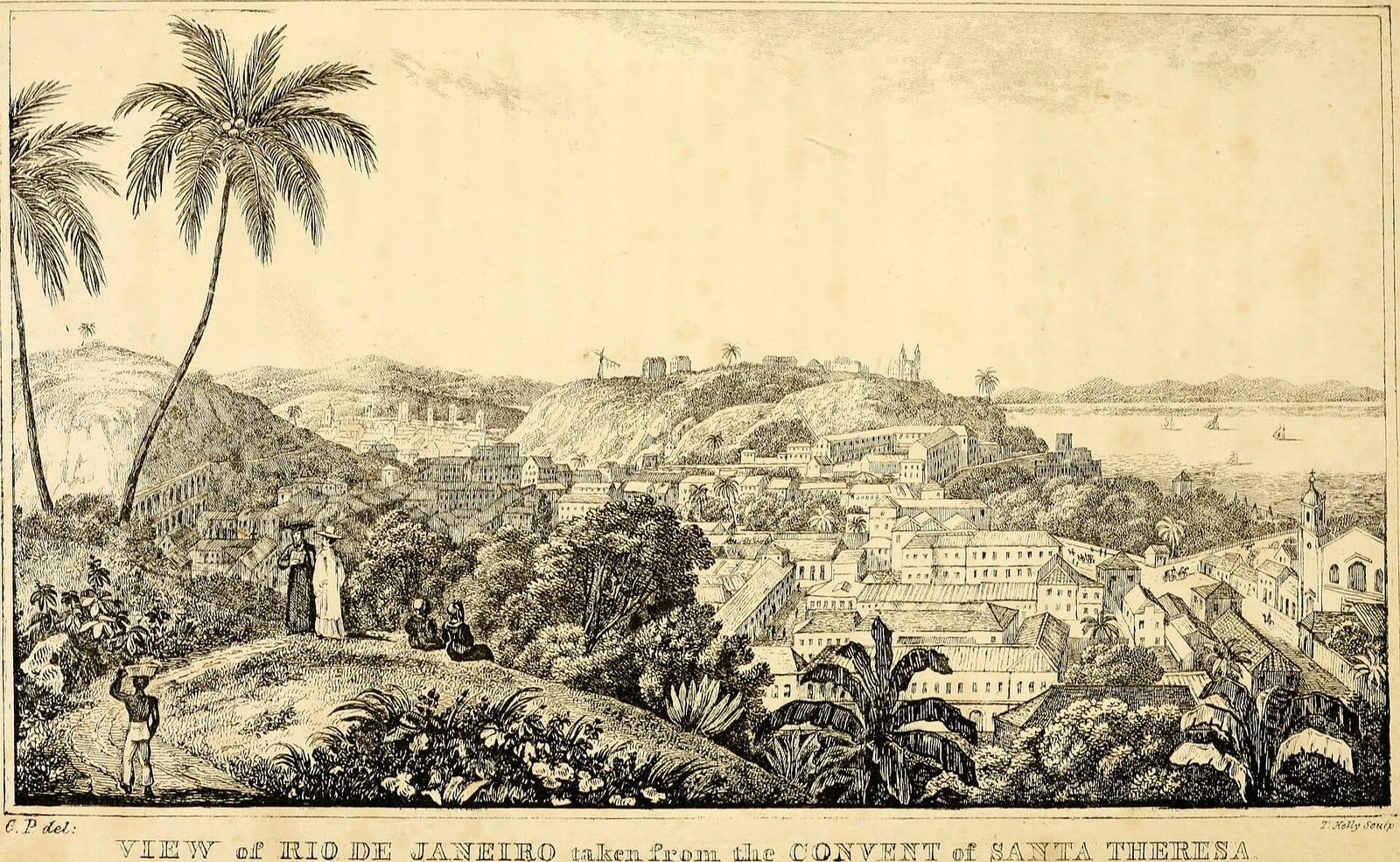 Gravura em preto e branco: o centro do Rio de Janeiro visto de uma colina, com telhados, torres de igrejas e conventos, o morro do Castelo ao fundo e a baía com pequenos barcos à direita; em primeiro plano, palmeiras, bananeiras e figuras de pessoas