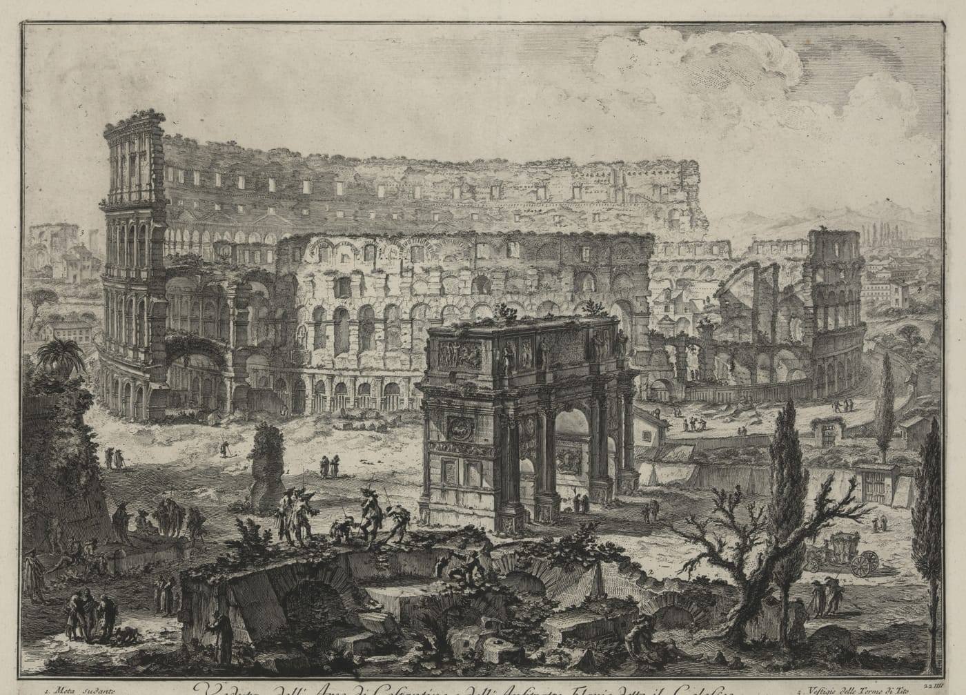 Gravura de Piranesi do Arco de Constantino diante do Coliseu, com ruínas e árvores em primeiro plano
