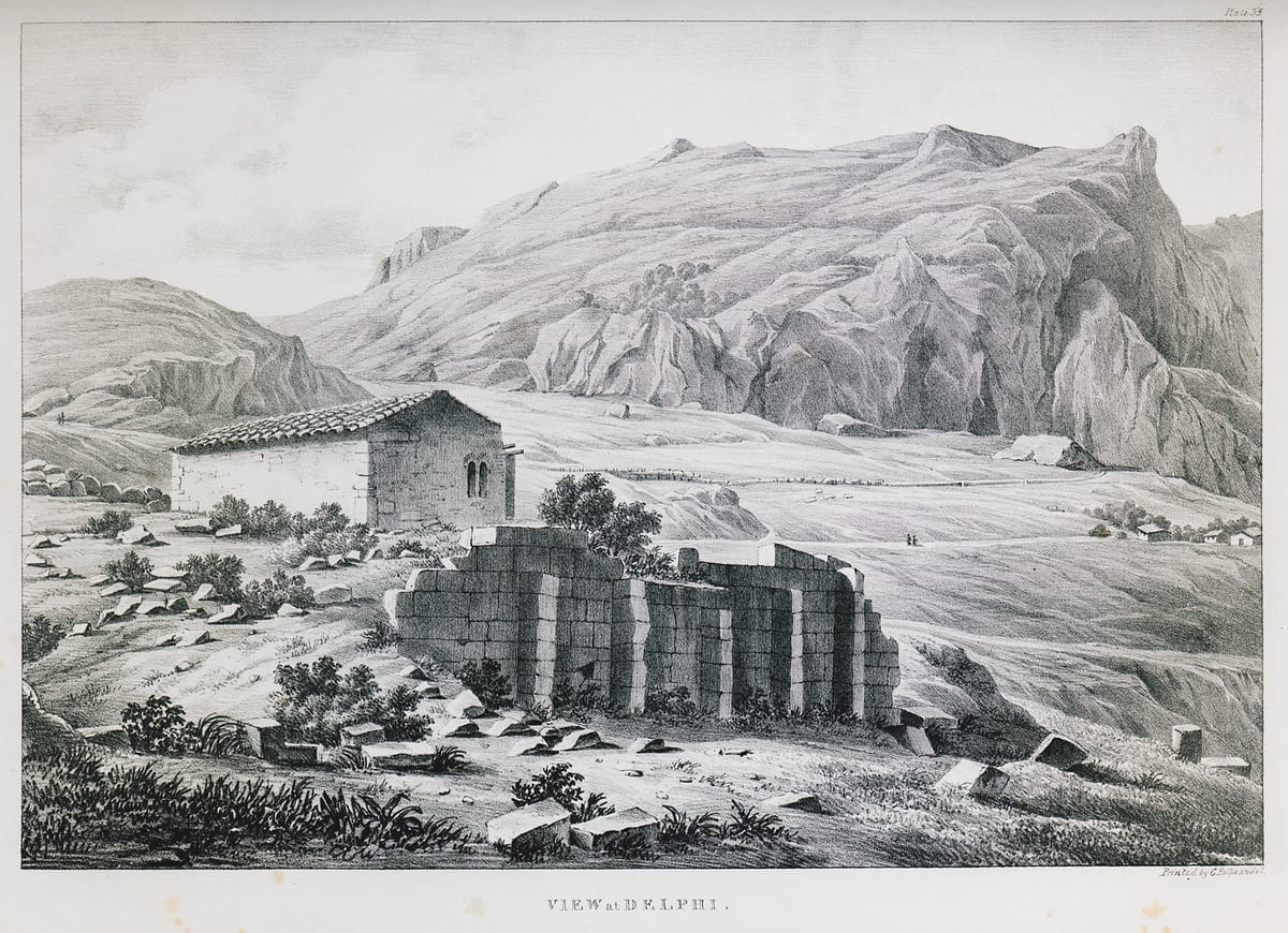 Gravura de Edward Dodwell de uma vista de Delfos: ruínas de um muro antigo diante de uma capela e de montanhas