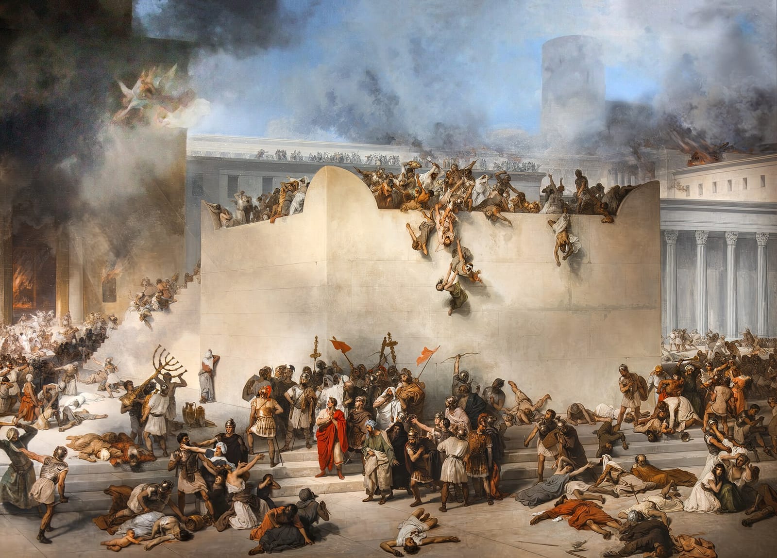 Pintura de Francesco Hayez: soldados romanos e judeus lutando diante do Templo em chamas, com o candelabro de sete braços sendo levado