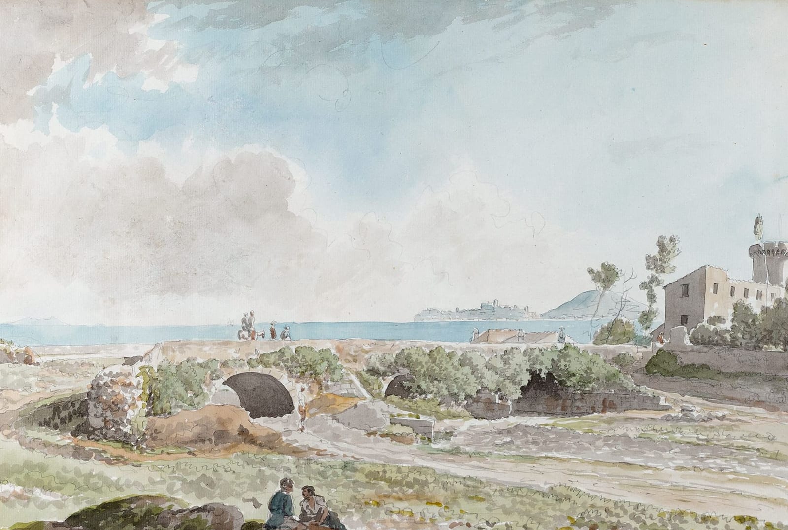 Aquarela de Carlo Labruzzi: uma ponte antiga sobre a Via Ápia, com o mar e uma torre ao fundo