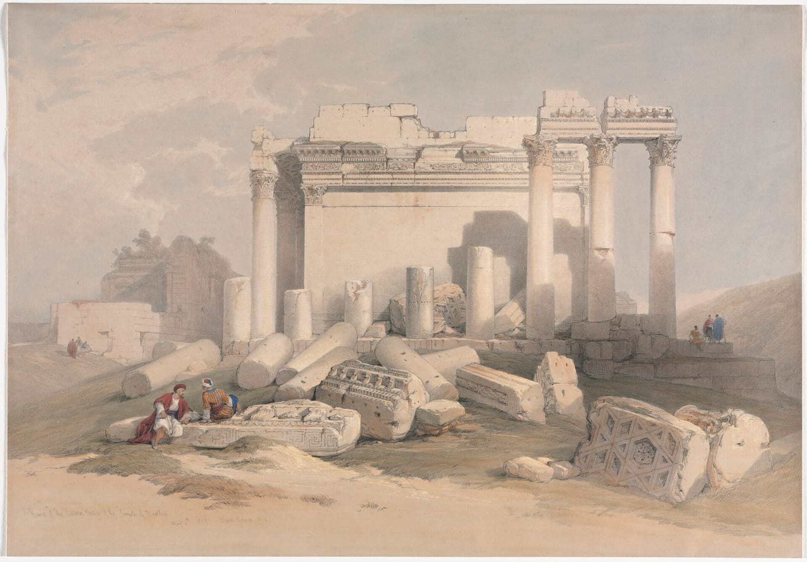 Litografia de David Roberts das ruínas do pórtico leste do templo de Baalbek, com figuras em primeiro plano