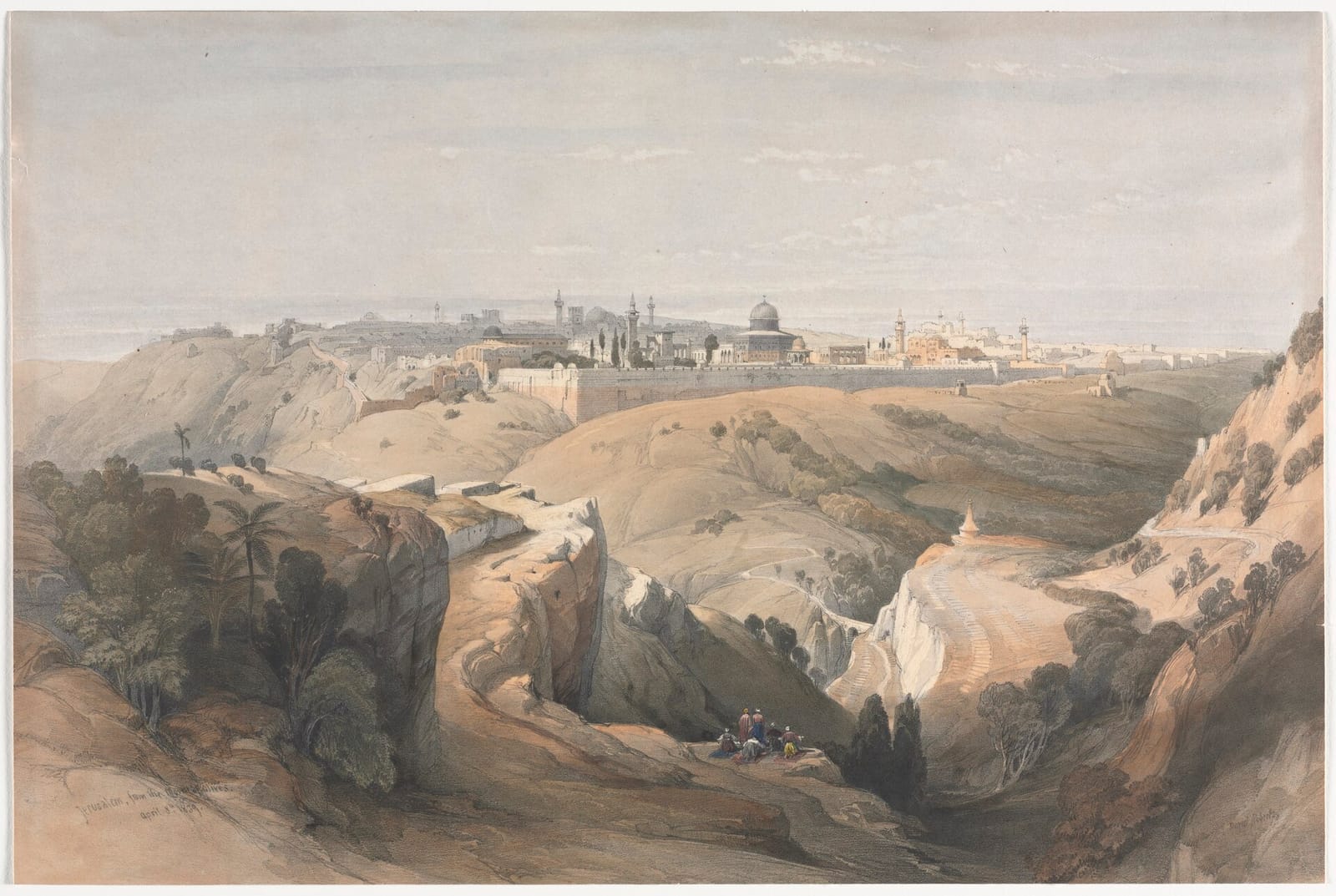 Litografia de David Roberts de Jerusalém vista do monte das Oliveiras, com a cúpula da Rocha ao fundo
