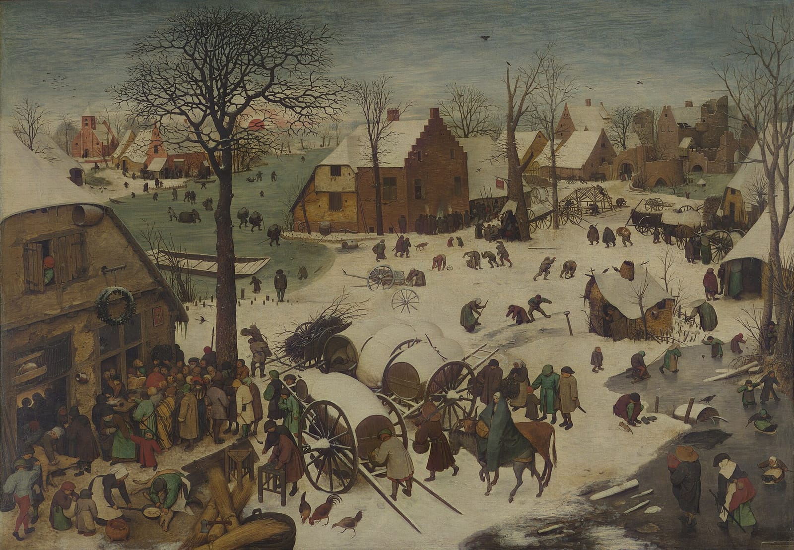 Pintura de Pieter Bruegel: uma aldeia flamenga coberta de neve, com gente em fila diante de uma casa para ser recenseada